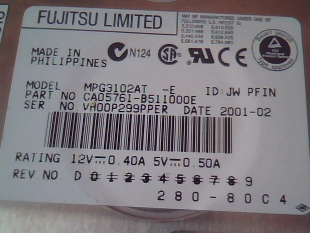Hard Drive Fujitsu Limited CA05761-B511000E HDD MPG3102AT 280-80C4 PFIN
