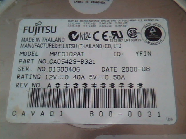 Hard Drive Fujitsu CA05423-B321 MPF3102AT HDD 800-0031 YFIN 2000-08