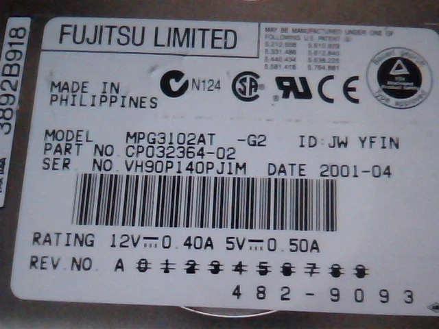 Hard Drive Fujitsu Limited CP032364-02 HDD MPG3102AT YFIN 482-9093 482-9093
