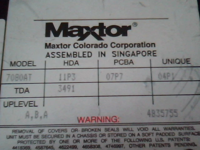 Hard Disk Drive Maxtor 7080AT 11P3 07P7 04P1 SXX A,B,A
