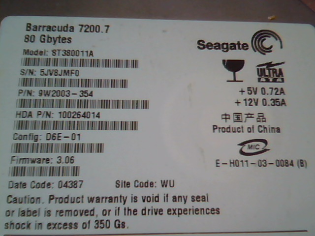 Hard Drive IDE Seagate Barracuda ST380011A 9W2003-354 80GB 100264014 3.06