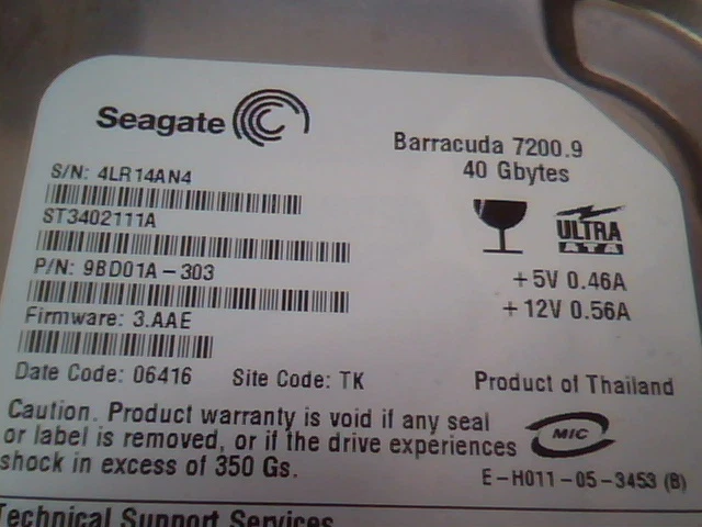 Hard Drive IDE Seagate Barracuda ST3402111A 9BD01A-303 40GB 3.AAE 06416