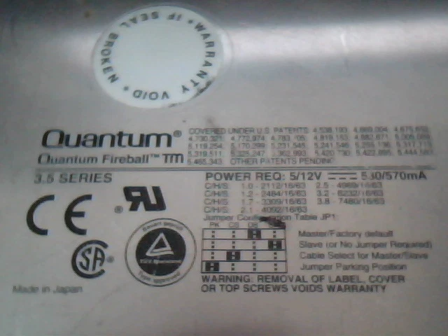 Hard Disk Drive Quantum Fireball TM TM32A012 Rev. 02-D 3200AT
