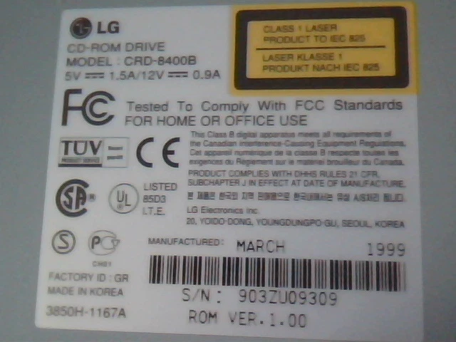 LG CD-ROM CD Drive CRD-8400B 1.00 March 1999 40X MAX 40-pin IDE ATA vintage - image 3