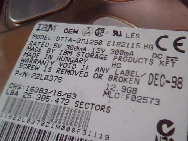 Hard Drive IDE Disk IBM DTTA-351290 22L0378 F02573 Dec-98 - image 2