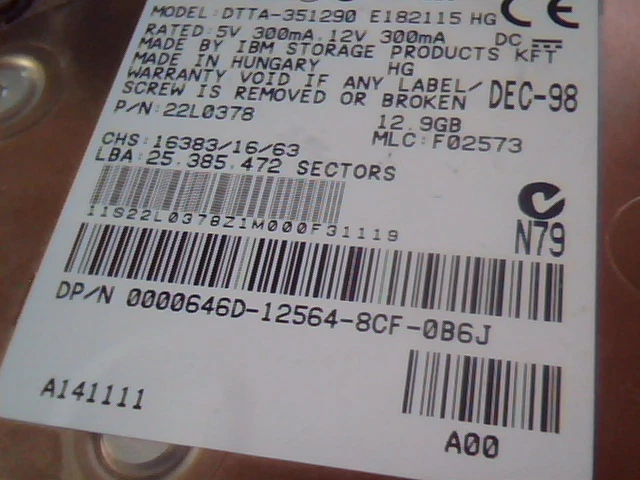 Hard Drive IDE Disk IBM DTTA-351290 22L0378 F02573 Dec-98 - image 3