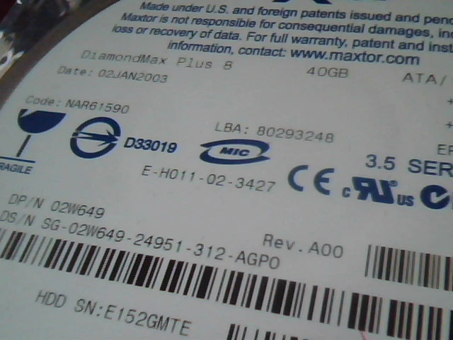 Hard Disk Drive IDE Maxtor DiamondMax Plus 8 40GB 02W649 E-H011-02-3427 A00 - image 2