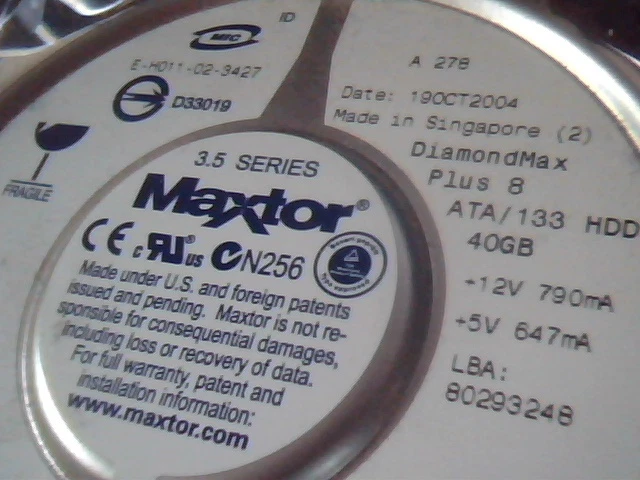 Hard Disk Drive IDE Maxtor DiamondMax Plus 8 40GB NAR61HA0 E-H011-02-3127