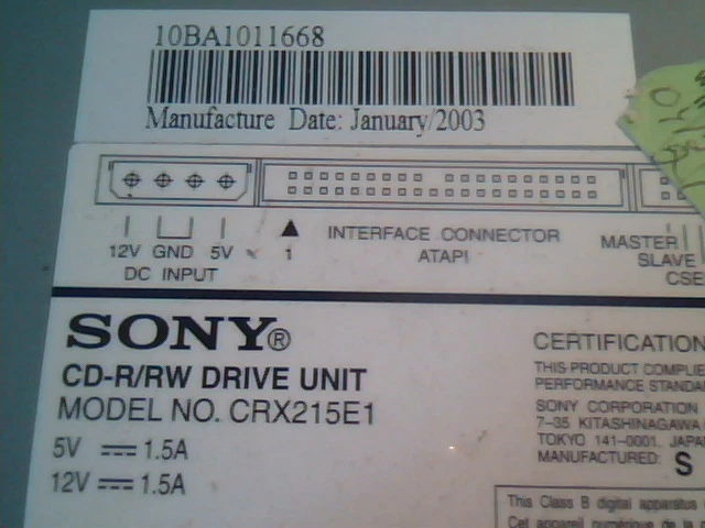 IDE Sony CD-R/RW Drive CRX215E1 January 2003 ATAPI Rewritable - image 2