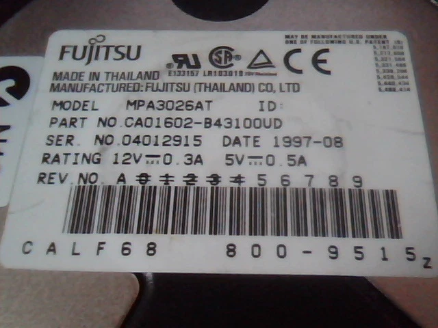 Hard Drive IDE Disk Fujitsu MPA3026AT 800-9515 1997-08 CA01602-B43100VD