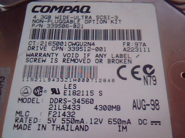 Hard Drive SCSI Compaq 339514-001 DDRS-34560 4.3GB 339506-B21