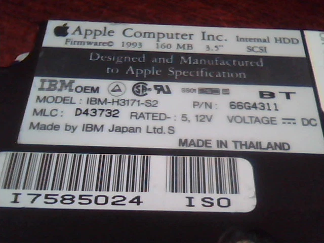 Hard Drive SCSI Apple IBM-H3171-S2 66G4311 D43732 160MB