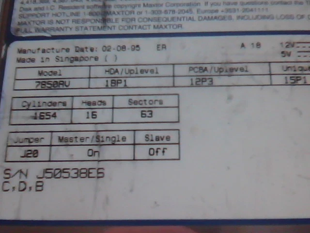Hard Disk Drive IDE Disk Maxtor 7850AV 18P1 12P3 15P1 08/95 - image 2
