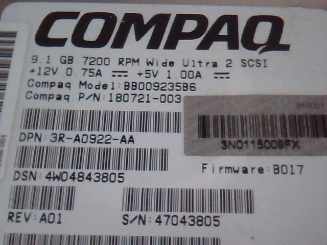 Hard Disk Drive SCSI Compaq Fujitsu 180721-003 MAH3091MP A01 BB009235B6 A01