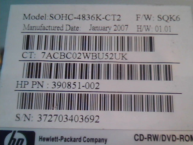 IDE HP CD-R DVD Drive SOHC-4836K-CT2 January 2007 1.01 SOHC-4826K - image 2