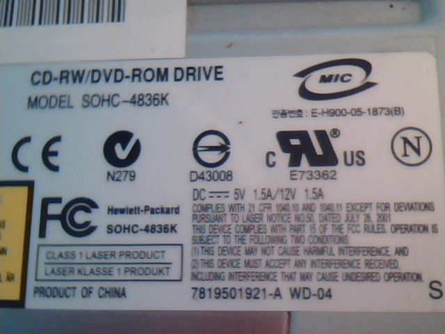 IDE HP CD-R DVD Drive SOHC-4836K-CT2 January 2007 1.01 SOHC-4826K - image 3
