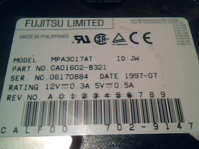 Hard Disk Drive Fujitsu MPA3017AT 1.7GB IDE 40-pin CA01602-B321 CALFOO 702-9147 - image 3