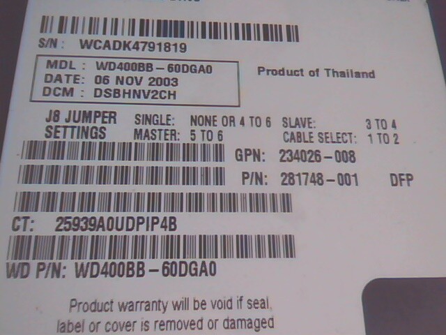 Hard Disk Drive IDE WD Caviar WD400 WD400BB-60DGA0 Nov 2003 281748-00 40GB ATA — image 3