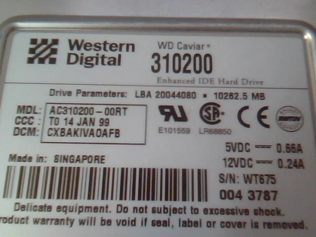 Hard Drive IDE Disk Western Digital Caviar 310200 AC310200-00RT CXBAKIVAOAFB