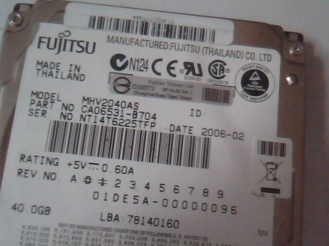 2.5 Hard Drive IDE Fujitsu MHV2040AS CA06531-B704 2006-02 78140160 40GB - image 2
