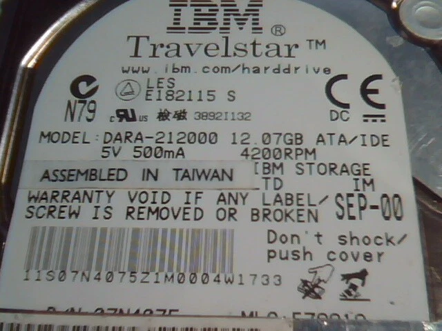 2.5 Hard Drive IDE IBM Travelstar DARA-212000 12.07GB IDE SEP-00 171971-001 - image 2