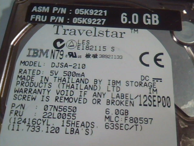 2.5 Hard Disk Drive IDE IBM Travelstar DJSA-210 07N5650 6.0GB 22L0055 F80597 - image 2
