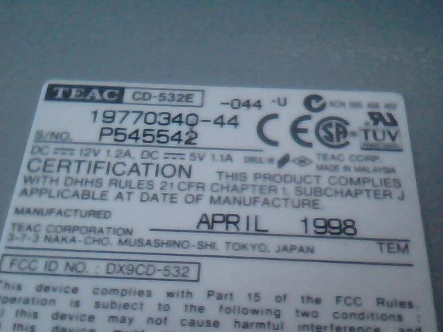 CDROM CD Drive TEAC CD-532E 1977034Q-44 April 1998 IDE - image 2