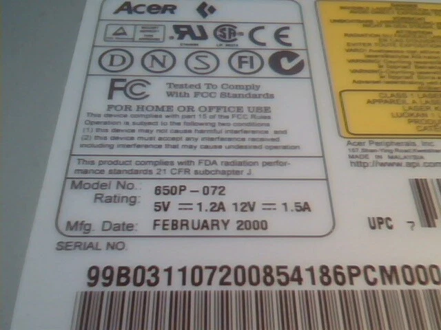 CD Drive Acer 650P-072 M-F35KG 50X max 50KT February 2000 - image 2