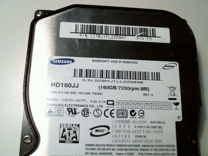 SATA Hard Disk Drive Samsung HD160JJ 1178J1FL225947 160GB P80SD
