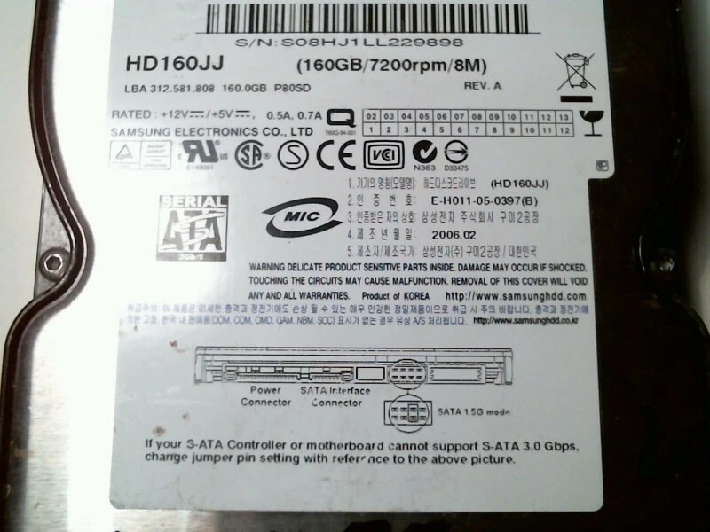 SATA Hard Disk Drive Samsung HD160JJ 1178J1FL225947 160GB P80SD - image 2