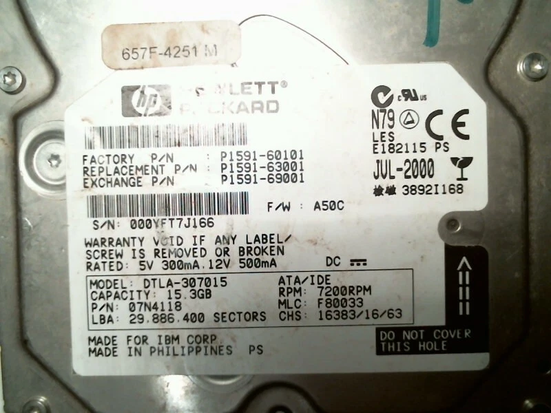 IDE Hard Disk Drive Hewlett Packard P1591-60101 DTLA-307015 07N4118 - for parts - image 2