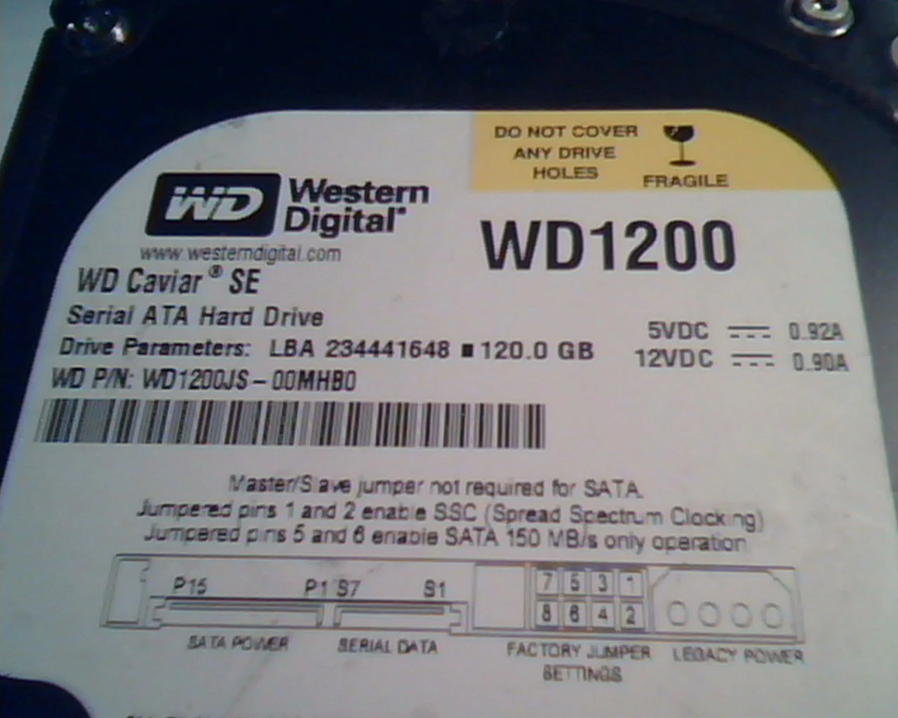Hard Drive Disk SATA Western Digital Caviar SE WD1200 WD1200JS-00MHB0 120GB - image 2