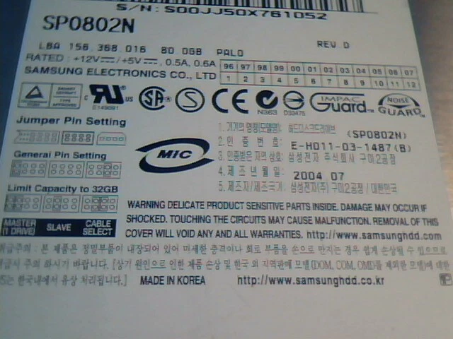 Hard Disk Drive IDE 40pin Samsung 80GB SP0802N 0891J2FX718810 P/V FS ✅TESTED - image 5