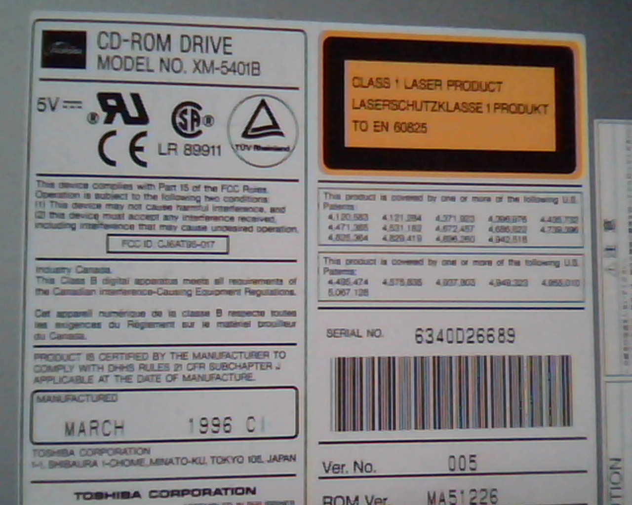 Toshiba CD-ROM Drive XM-5401B March 1996 CI 005 MA51226 SCSI ✅TESTED - image 2