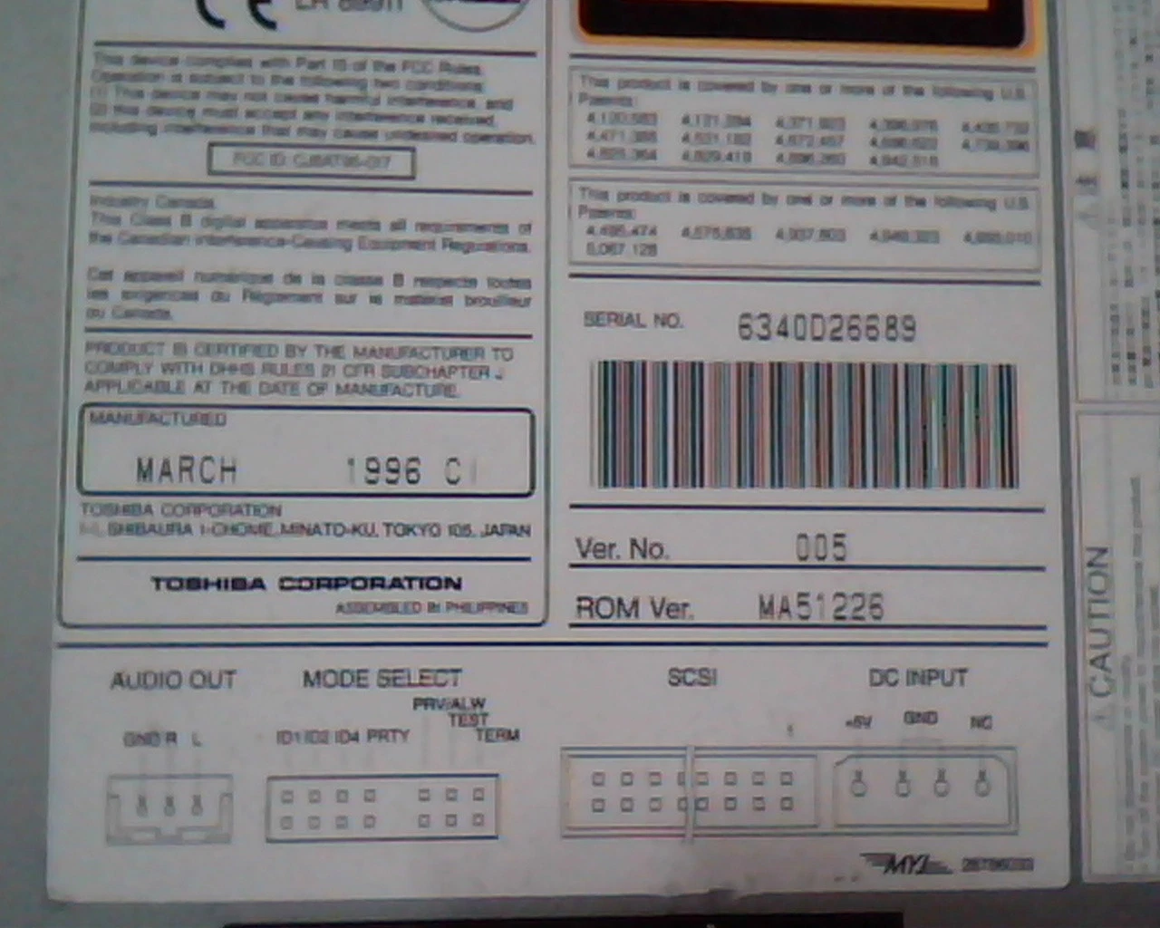 Toshiba CD-ROM Drive XM-5401B March 1996 CI 005 MA51226 SCSI ✅TESTED - image 3