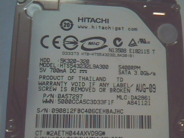 HDD Laptop Hard Disk Drive Hitachi 5K320-320 HTS543232L9A300 SATA 0A57297 - image 2