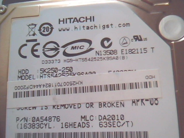 HDD Laptop Hard Disk Drive Hitachi 5K250-250 HTS542525K9SA00 SATA 0A54876 - image 2