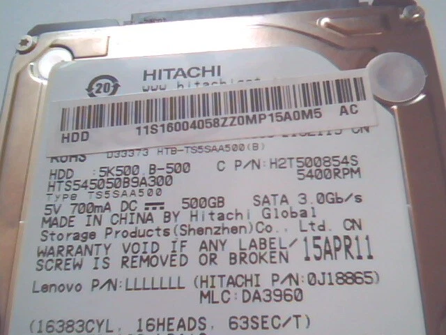 HDD Laptop Hard Disk Drive Hitachi 5K5500 B-500 HTS545050B9A300 SATA H2T500854S - image 2