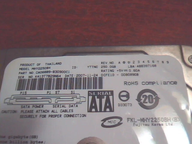 HDD Laptop Hard Disk Fujitsu MHY2250BH CA06889-B30900C1 250GB SATA 457671-001 - image 2