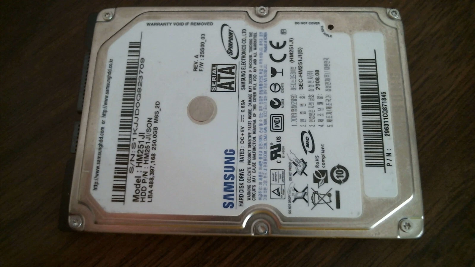HDD Laptop Hard Disk Drive SATA Samsung Spinpoint HM251JI 296311CQ871845