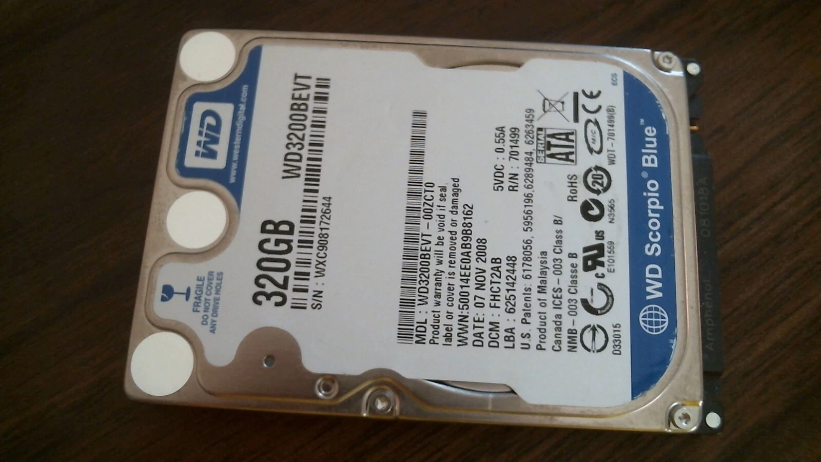 HDD Laptop Hard Disk Drive SATA WD Scorpio Blue 320GB WD3200BEVT-00ZCT0 FHCT2AB