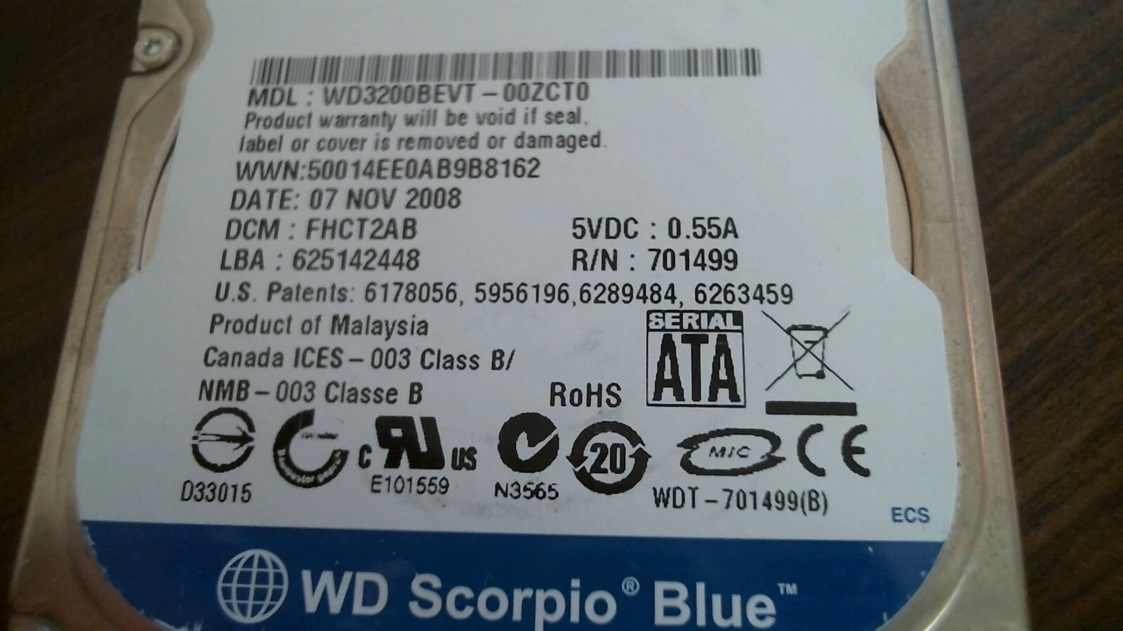 HDD Laptop Hard Disk Drive SATA WD Scorpio Blue 320GB WD3200BEVT-00ZCT0 FHCT2AB - image 3
