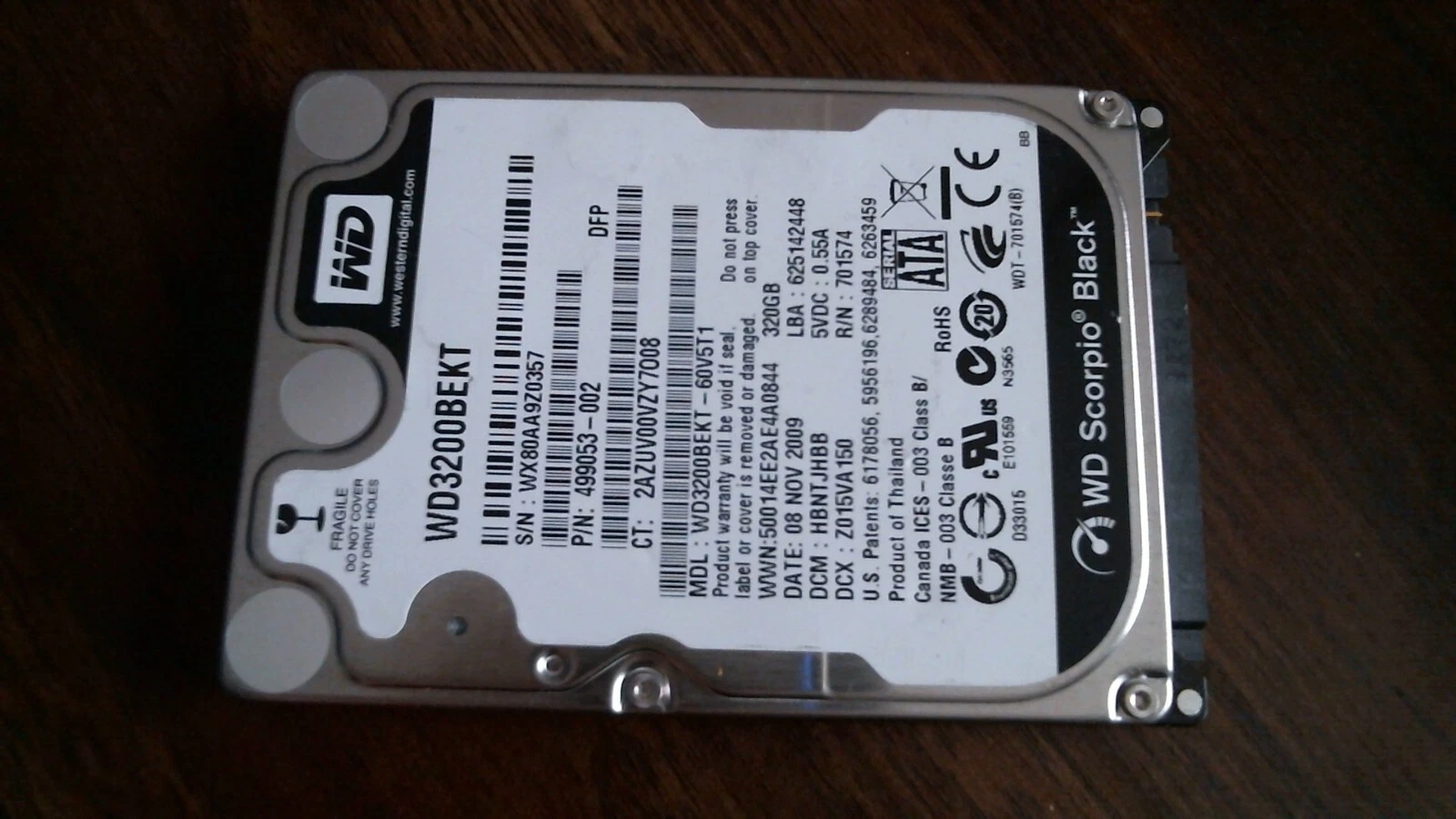 HDD Laptop Hard Disk Drive SATA WD Scorpio Black WD3200BEKT-60V5T1 499053-002