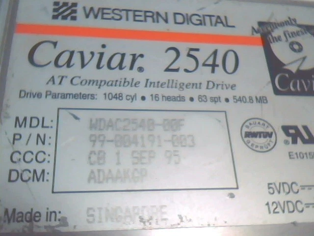 Hard Drive IDE Disk Western Digital Caviar 2540 540MB WDAC2540-00F 1995 ADAAKGP - image 4