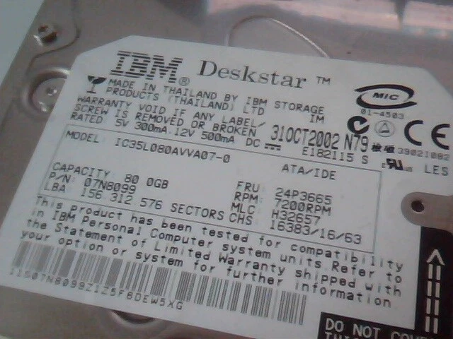 Hard Drive IDE Disk IBM Deskstar 24P3665 07N8099 IC35L080AVVA07-0 - image 2
