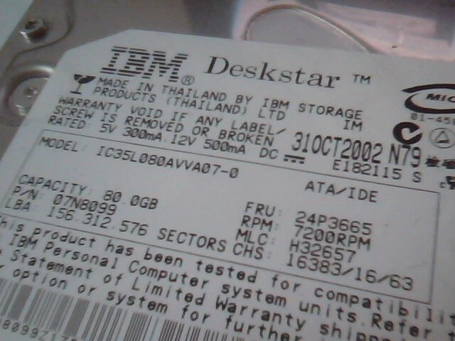 Hard Drive IDE Disk IBM Deskstar 24P3665 07N8099 IC35L080AVVA07-0 - image 3